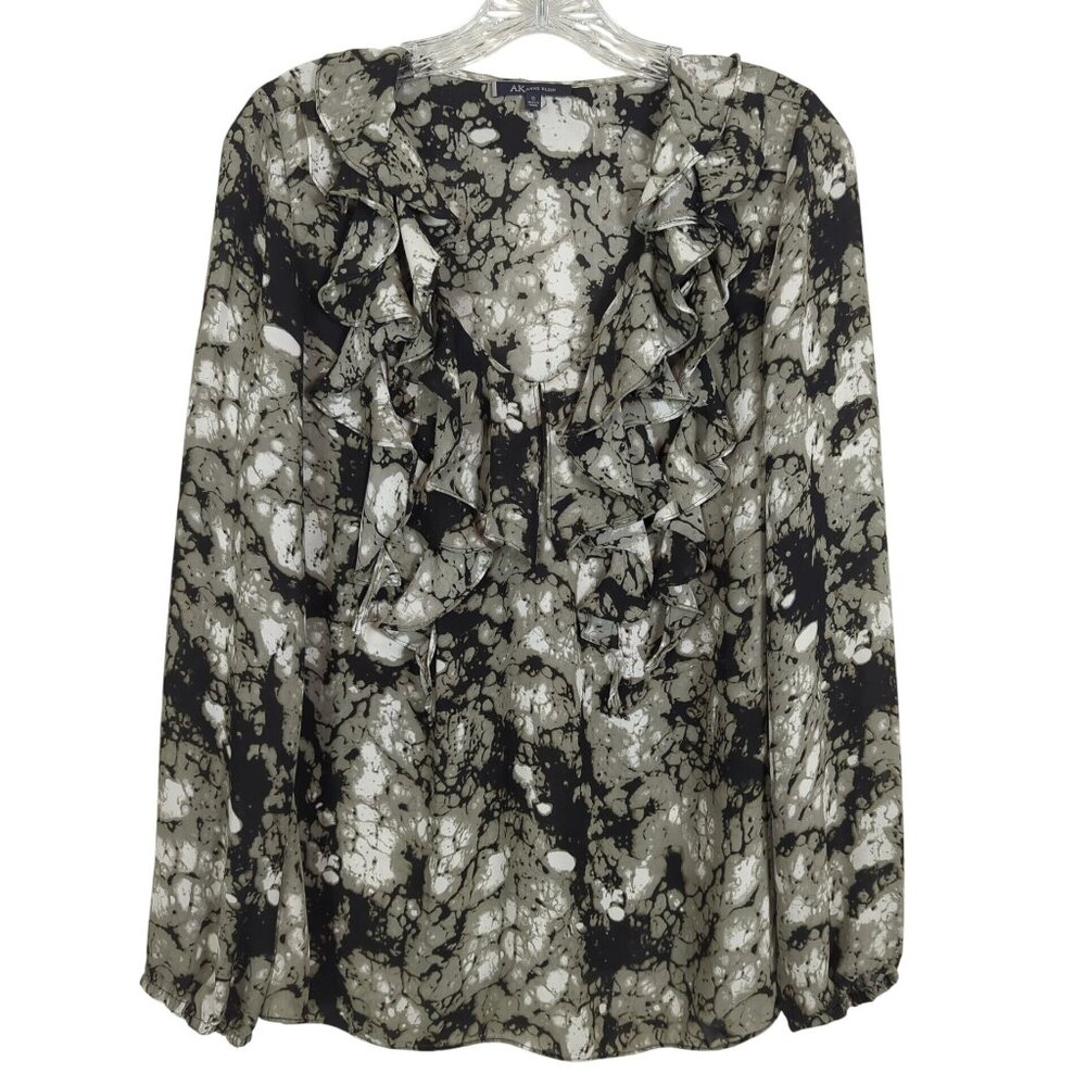 Anne Klein Womens Blouse Black & White Abstract Ruffle Long-Sleeve Career Size S